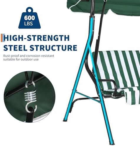 3-Seat Outdoor Patio Porch Swing with Stand, Adjustable Canopy & Thick Waterproof Cushions, Steel Frame Swing Outdoor Chair for Backyard, Front Porch, Lawn, Garden