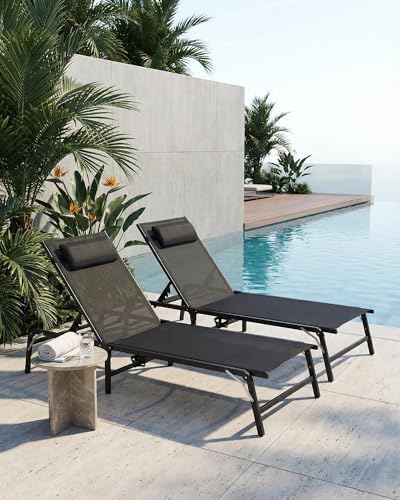2 Pack Foldable Chaise Lounge Chair with Cup Holder, Assemble-Free