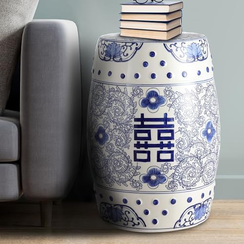 JONATHAN Y Double Happiness Ceramic Garden Stool 18" Table, Blue/White