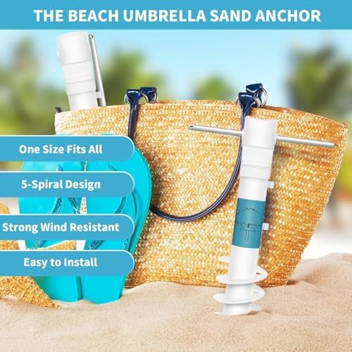 Beach Umbrella Sand Anchor, 1 Pack Outdoor Umbrella Base with 5-Spiral Screw Design & Removable Stainless Steel Handle, Beach Umbrella for Sand Holder Stand Resist Strong Winds Fits All Umbrellas