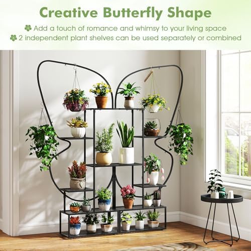 Giantex 2 Pack 6-Tier Plant Stand Indoor, Butterfly-Shaped Metal 73” Tall Ladder Plant Shelf w/ 4 Hanging Hooks, Outdoor Flowerpot Display Rack for Multiple Plants Living Room Balcony Patio Garden