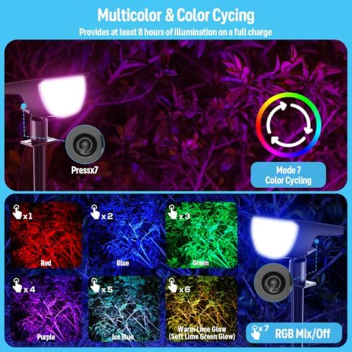 GKGG Solar Spot Lights Outdoor, IP65 Waterproof RGB Color Changing Solar Landscape Lights with 7 Lighting Modes for Yard, Garden, Trees, Pathway & Halloween Decorations Outdoor (Multicolor, 4 Pack)