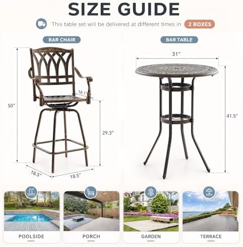 3 Piece Swivel Outdoor Table and Chairs Bar Set, All-Weather Cast