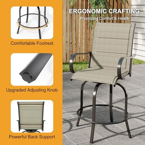 Outdoor Swivel Bar Stools Set of 2, Bar Height Patio Chairs with High Back & Armrest, All-Weather Textilene Fabric 360° Swivel Tall Barstools for Patio, Deck, Backyard, Garden