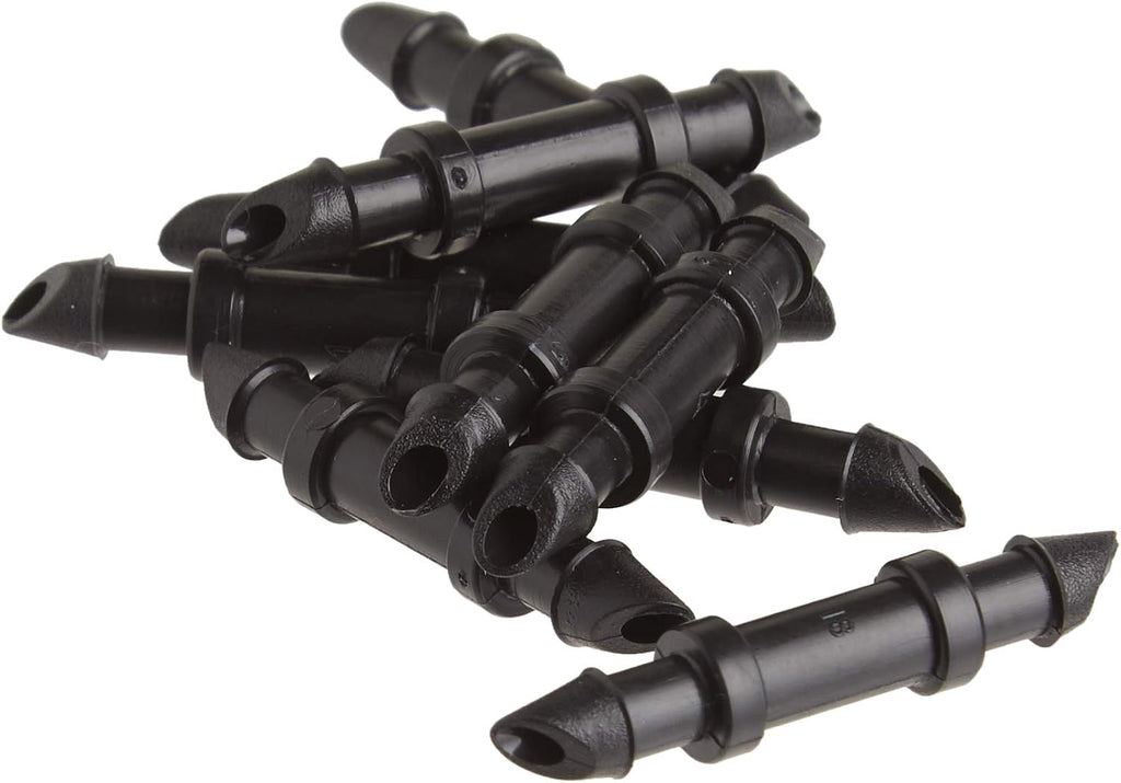 Raindrip 312050B Drip Irrigation Fittings Single Barbed Coupling Connectors, 1/4-Inch, 50 Per Bag, for Trees, Shrubs, Gardens, Black