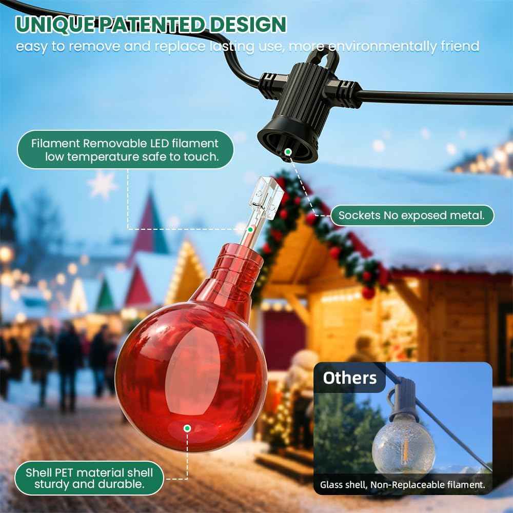 FOOMAN 50FT Christmas Outdoor String Lights, Colored Patio Lights | Waterproof IP65 Shatterproof Dimmable with 25 LED G40 Bulbs for Xmas Halloween Garden Backyard Yard Bistro Holiday