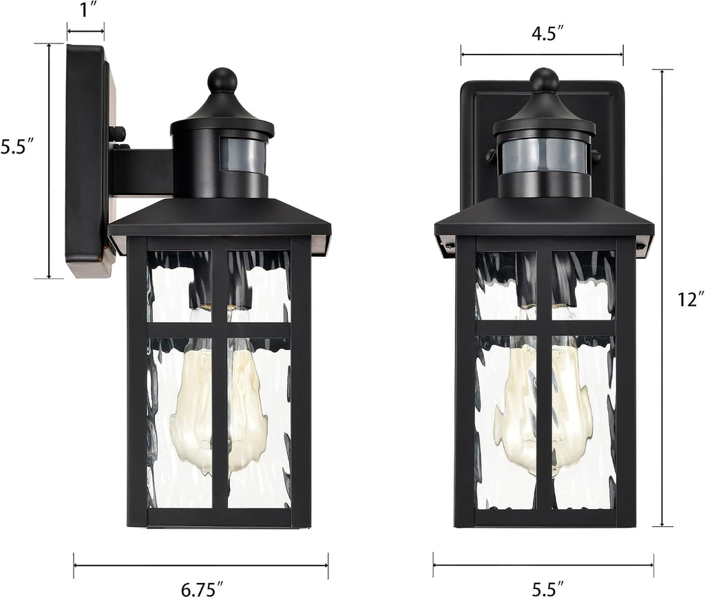 Edvivi Outdoor Wall Lights Exterior, Dusk to Dawn Motion Sensor Outdoor Lighting Fixture with Water Glass, 12 in. H 1-Light Matte Black Waterproof Wall Lantern Light for Patio Garden Garage Entryway