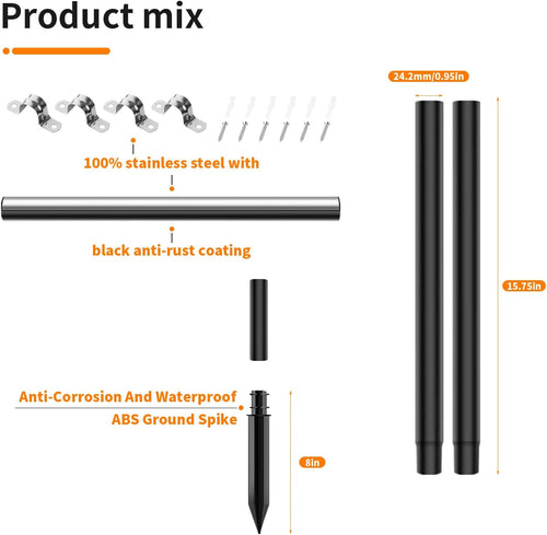 14 Pcs Steel Pole Extension Kit with Stakes & Connectors - 47" Height Adjustable - Compatible with Outdoor Landscape Lighting