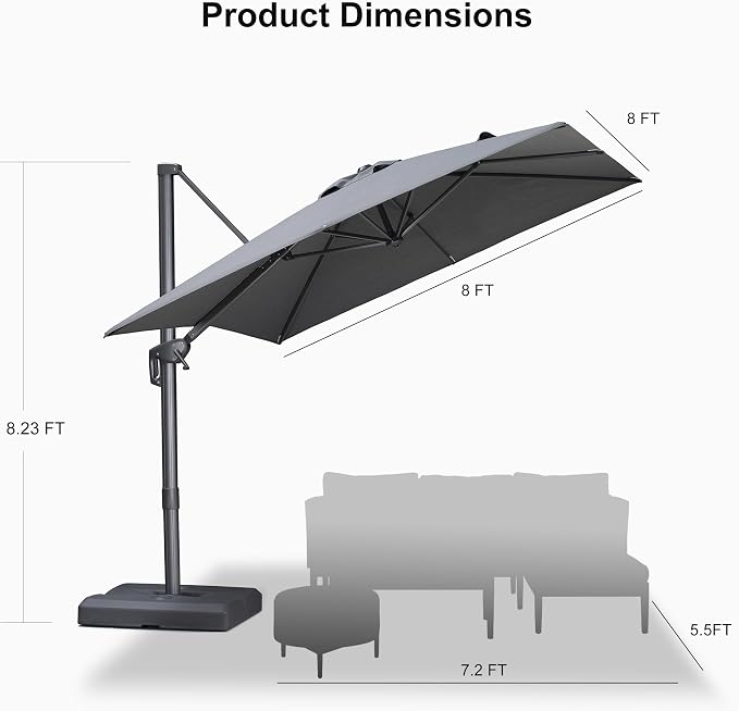 PURPLE LEAF Patio Umbrella 8' X 8' Rectangle Cantilever Umbrella Large Aluminum - Image 9