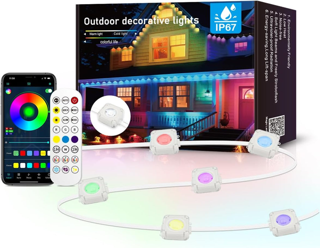 Permanent Outdoor Light,50ft with 30 LED Eaves Lights,Smart RGB Outdoor Lights with 75 Scene Modes,IP67 Waterproof,for Halloween Decorations,Christmas,Party,with App and Remote