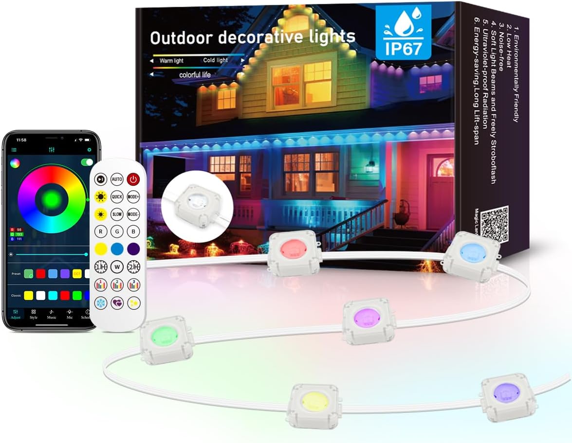 Permanent Outdoor Light,50ft with 30 LED Eaves Lights,Smart RGB Outdoor Lights with 75 Scene Modes,IP67 Waterproof,for Halloween Decorations,Christmas,Party,with App and Remote