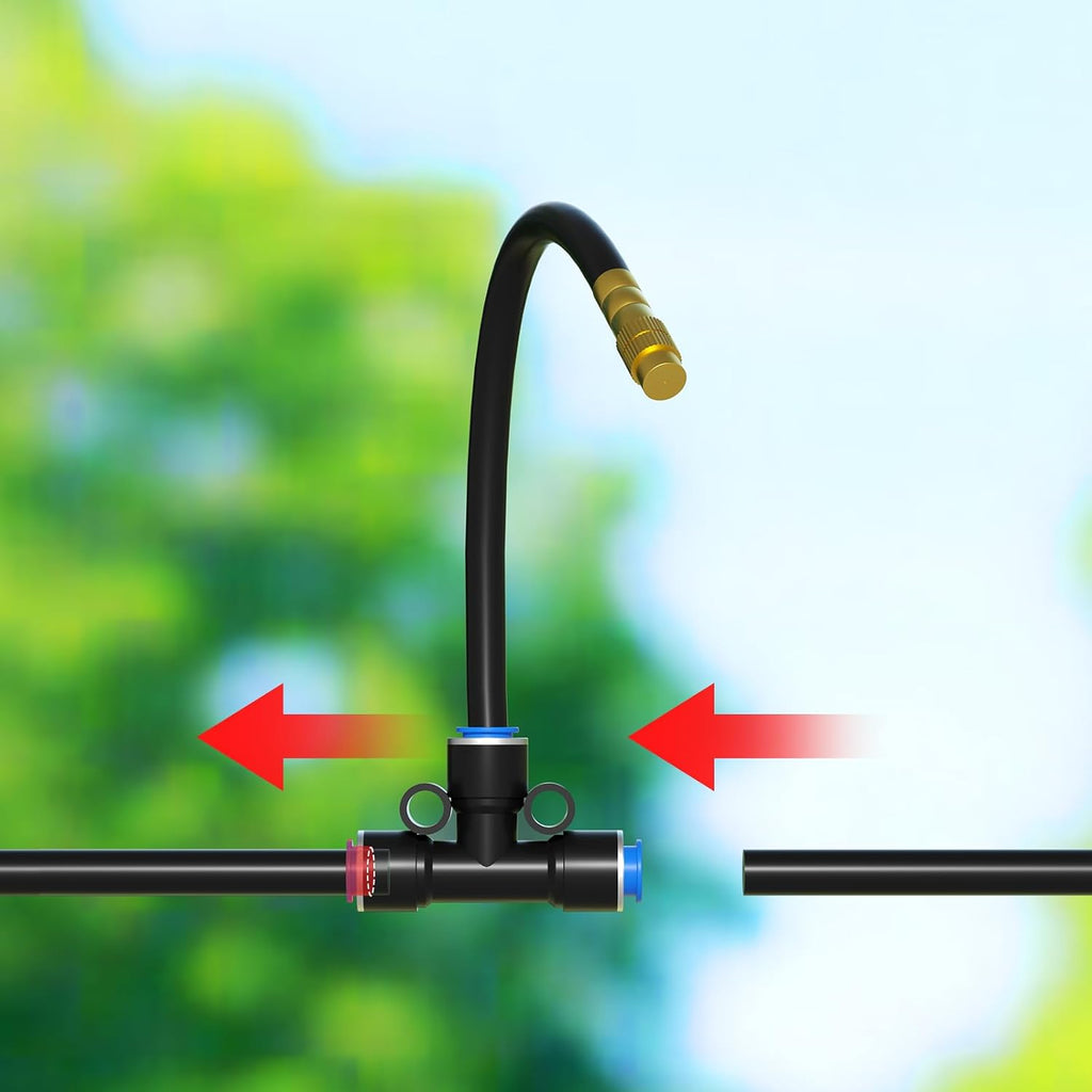MIXC 360° Adjustable Drip Irrigation Nozzles for 1/4" Irrigation Tubing | 20 Bendable 7.8-Inch Nozzles, 20 Quick-Connect Tees, 1/4-Inch Size, Adjustable Mist-to-Stream Flow, Tubing Not Included