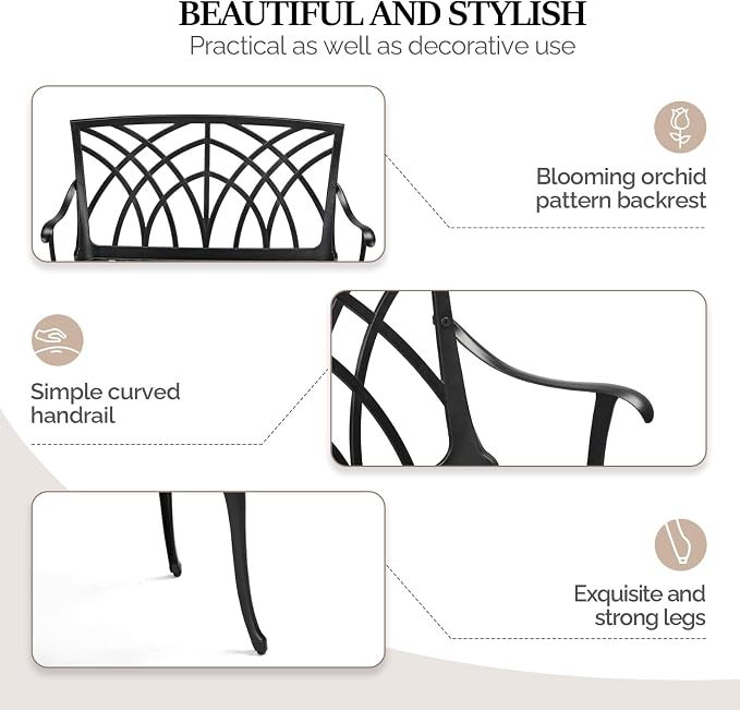 VINGLI 38" Outdoor Metal Bench, Cast Aluminium Garden Bench, Weatherproof - Image 4