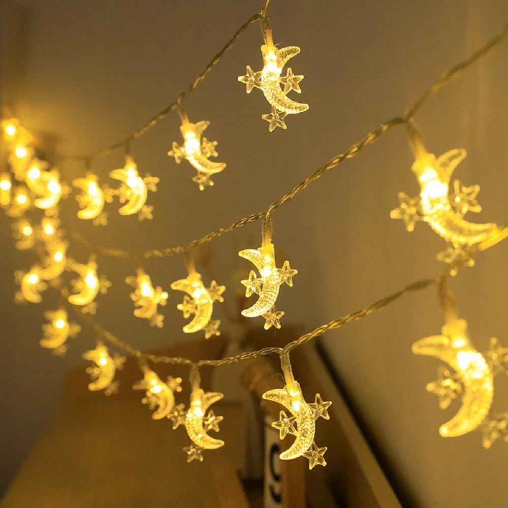Moon Star String Lights Plug in, 10ft 20 LED Star and Moon Fairy Lights Warm White for Birthday Party Christmas Holiday Home Decoration