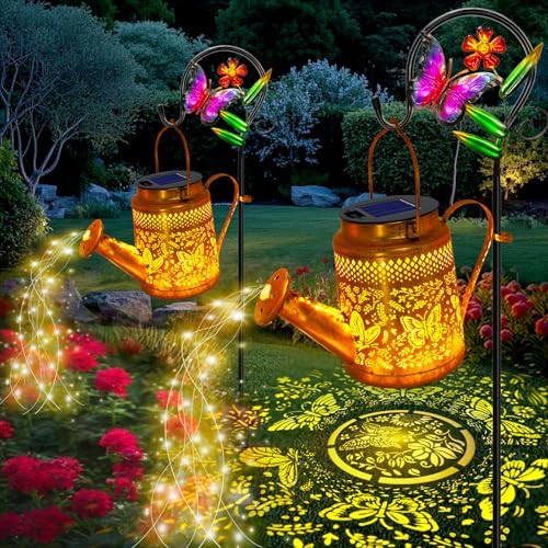 2 Pack Big Solar Butterfly Watering Can Lights, Gift For Mom Grandma