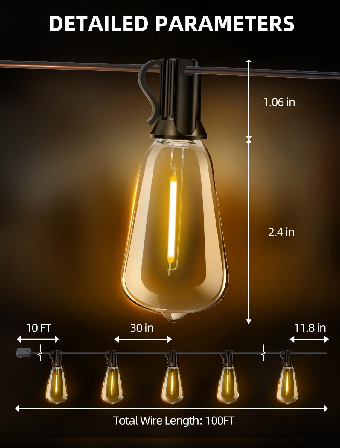 Outdoor Patio String Lights: 100Ft 30M Outside Waterproof Light - Remote Dimmable ST38 Shatterproof Bulb Connectable Hanging Outdoor Electric Lighting - Backyard Yard Gazebo Porch Party