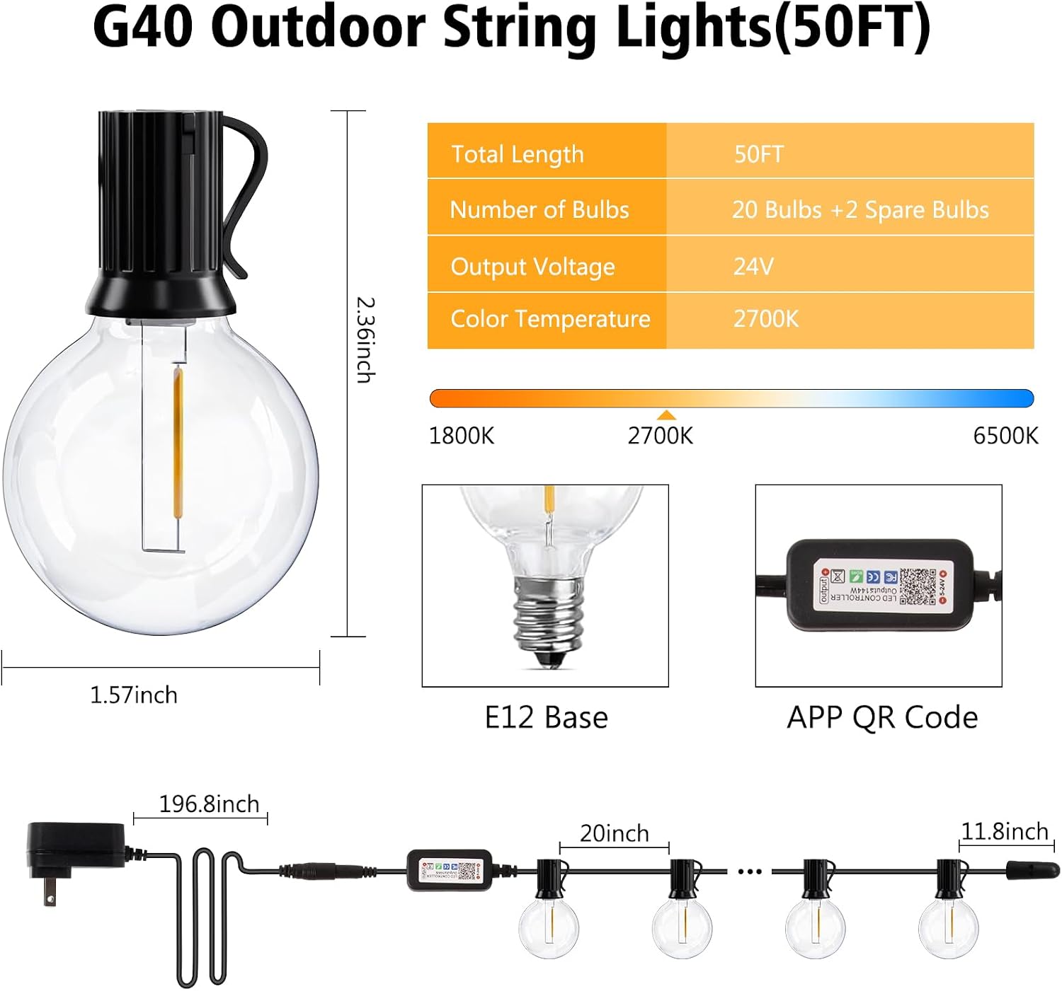 echosari 50FT G40 Dimmable Outdoor String Lights with APP Control for Patio | Patio String lights Outdoor with 22 Shatterproof Bulbs, Waterproof Hanging Balcony Lights for Backyard,Garden, Porch