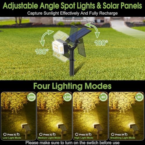 WENATY 102 LED Solar Spot Lights Outdoor Waterproof IP65, Adjustable Landscape Spotlights, [8 Pack/4 Modes] Auto On/Off Solar Powered Flood Lights for Outside Yard Garden Wall Pathway (Warm White)