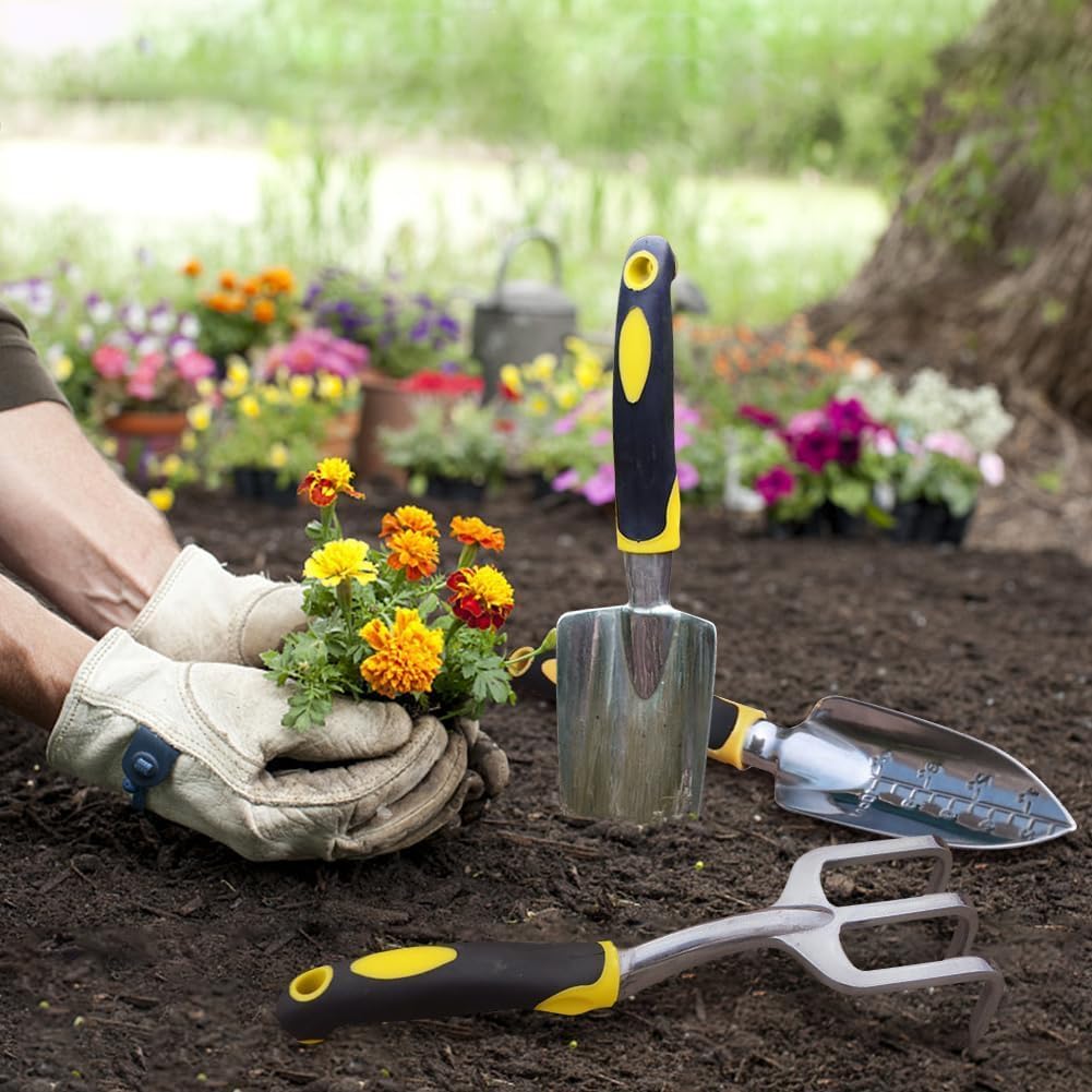 3 Pcs Heavy Duty Garden Tool Set, Garden Shovel Trowel, Weeding Hand Rake | Gardening Tool Set, Shovel, Trowel, Hand Rake, with Soft Rubberized Non-Slip Ergonomic Handle