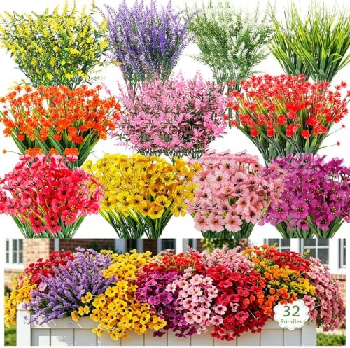 32 Bundles Artificial Flowers Plants for Outdoors, No Fade Fake Plastic Flowers Faux Plants UV Resistant Artificial Flower for Hanging Planters Outside Home Porch Indoor Spring Window Farmhouse Decor