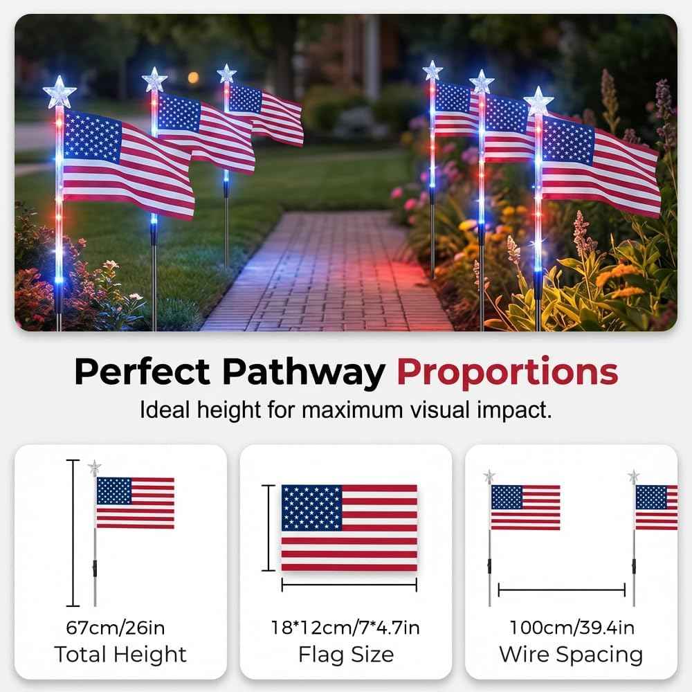 8 Pack Solar American Flag Pathway Lights-4th of July Outdoor Decor American Flag Lights, Patriotic Pathway Lights for 250th Anniversary Celebration Independence Yard Garden Day Decor (8 PCS)