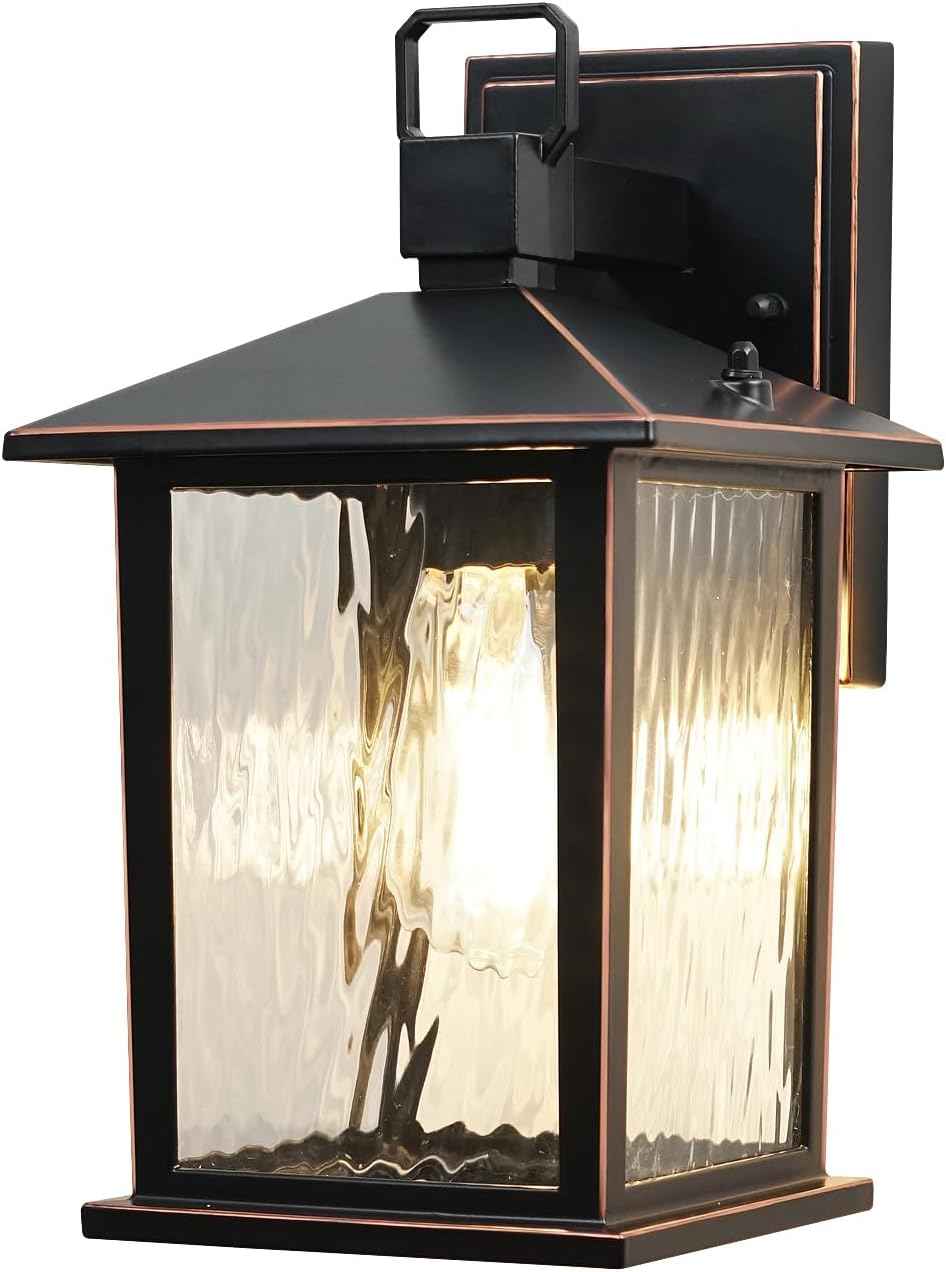 Oil-Rubbed Bronze Outdoor Wall Light, 12'' Porch Light Aluminum | 1-Pack Exterior Wall Sconce with Water Ripple Glass, Waterproof Outside Lights for House Patio Front Door, Bulb Not Included