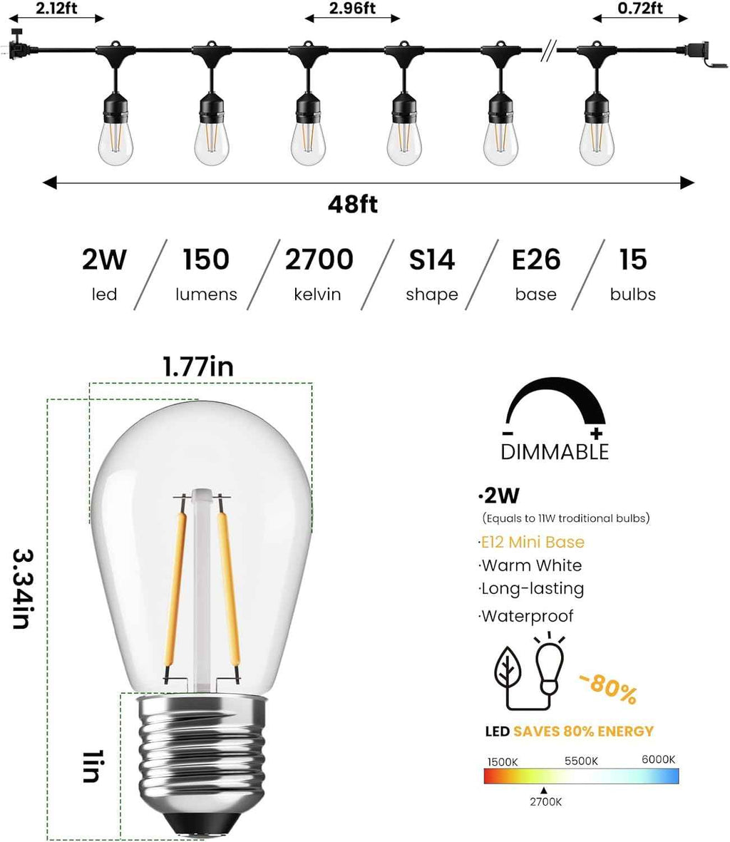 Svater 144 FT Outdoor String Lights 2W LED Outside Edison Waterproof ETL | Patio Light for Outside with 48 Antique S14 Bulbs, IP65 Hanging Bistro Cafe Market , Dimmable 2700K (48*3)