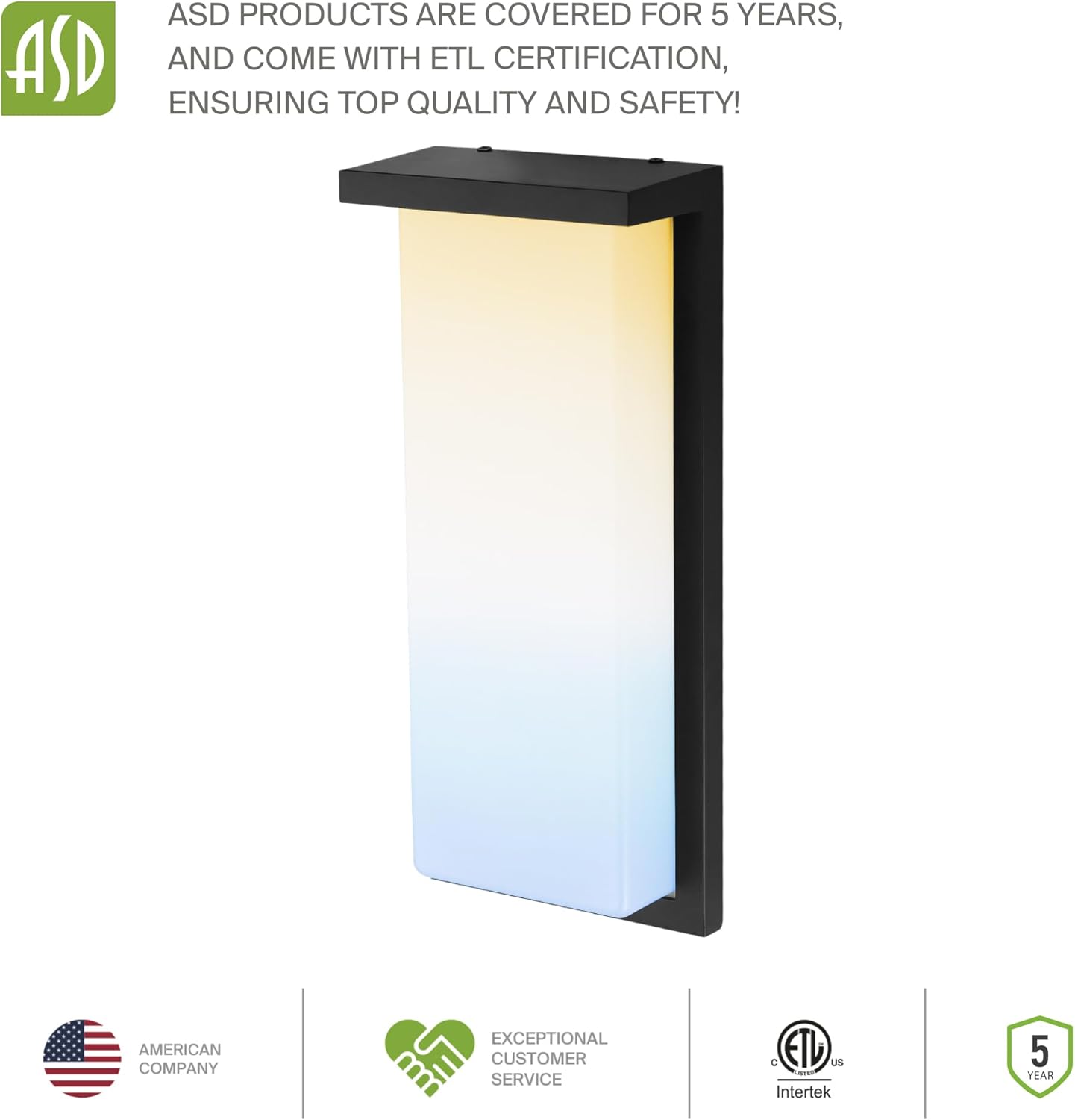 ASD LED 8" Outdoor Wall Light, Front Door House Sconce | 3CCT, Dimmable, Waterproof, ETL Listed | 12W 900LM 3000-5000K 120V | Exterior Patio Lighting Fixture, Flush Mount Porch Lamp | Black