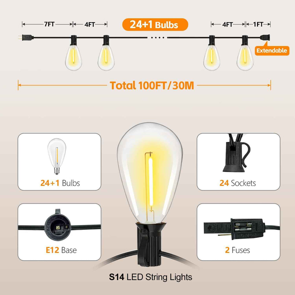 100FT S14 E12 Outdoor String Lights Waterproof Patio 24+1 (1 Spare) bulb | Outside Hanging Shatterproof S14 E12 LED Light Bulb for Parties Porch Garden Fences Backyard Outdoor Indoor