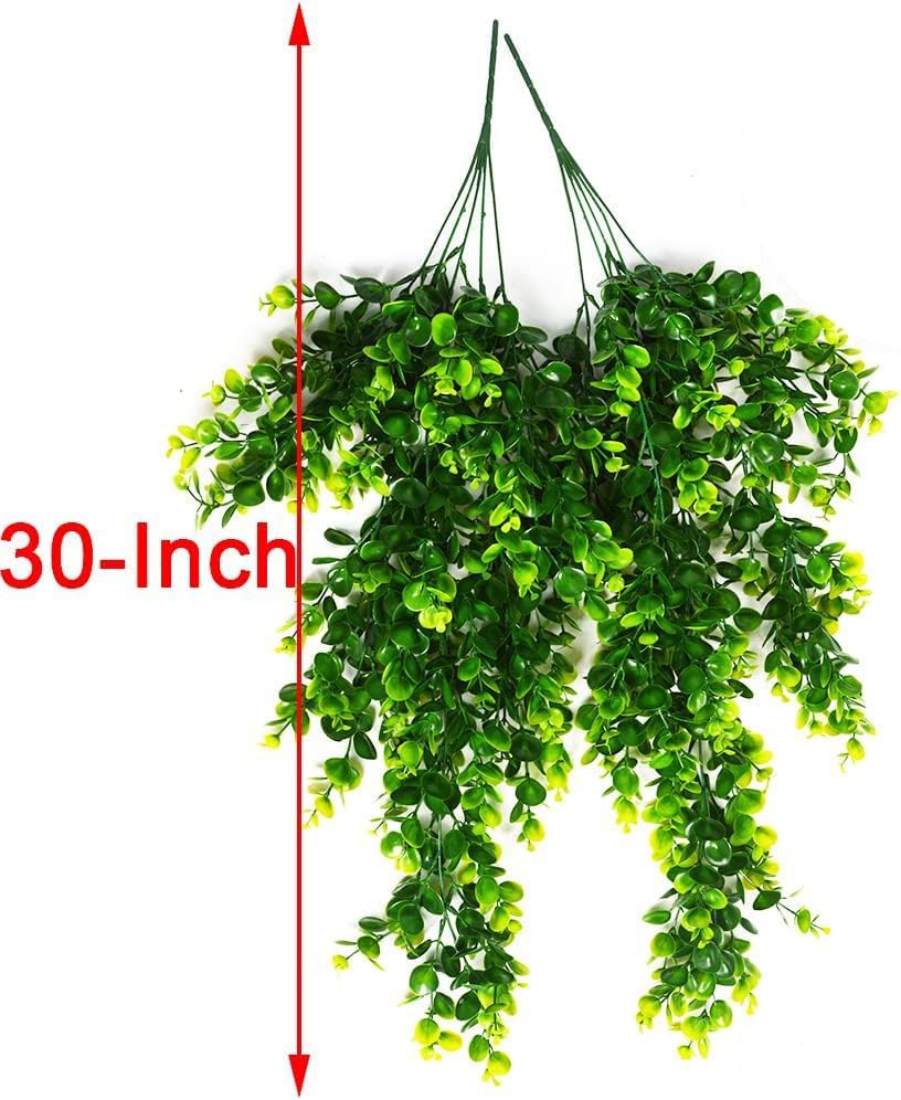 2pcs Artificial Hanging Plants Fake Hanging Plant Faux Eucalyptus Leaf Greenery Vine Outdoor UV Resistant Plastic Plants (2, Green)
