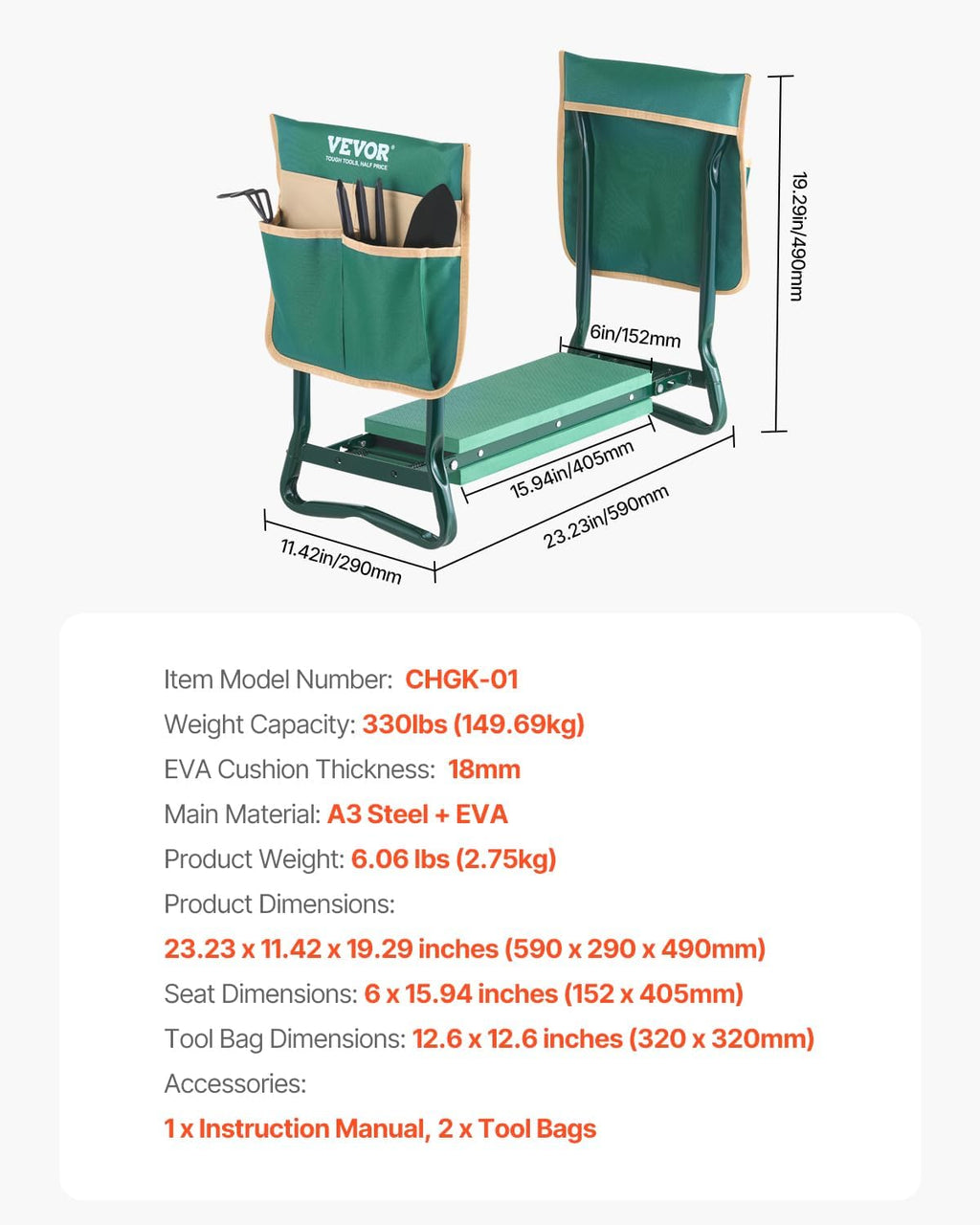 VEVOR Garden Kneeler and Seat Heavy Duty, Kneeling Bench for Gardening | Portable Garden Stool with Kneeling Pad and 2 Tool Bags, Garden Chair to Relieve Knee & Back Pain, Great Gifts for Seniors