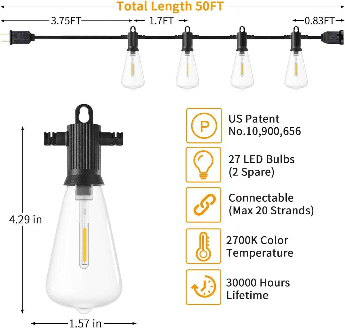 ZOTOYI Outdoor String Lights 50 FT, Patio Bulbs with 27 LED Plastic Edison ST38 Bulbs (2 Spare), Waterproof IP65 Outdoor Hanging Lights for Garden, Backyard, Cafe, Porch, Gift, Gazebo - Dimmable 2700K