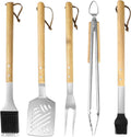 5 pcs Heavy-Duty Wooden BBQ Grilling Tools Set, Extra Thick Stainless Steel Multi-Functional Spatula, Fork, Tong, Oiling Brush & Cleaning Brush - an Excellent Barbecue Gift for Men