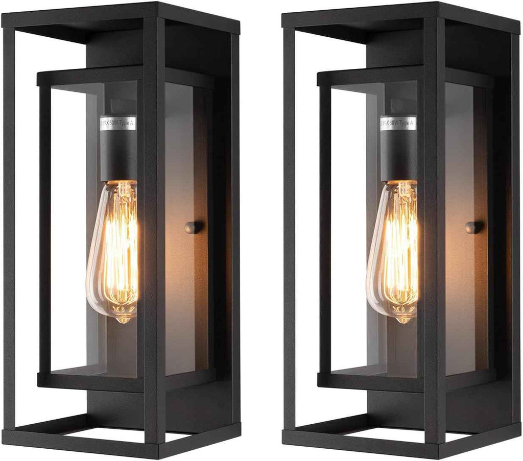 mirrea 14" Modern Outdoor Porch Wall Light, Matte Black, 2 Pack | Waterproof rectangular wall sconce with clear glass & metal frame. Perfect outdoor light fixture for entryways, patios.