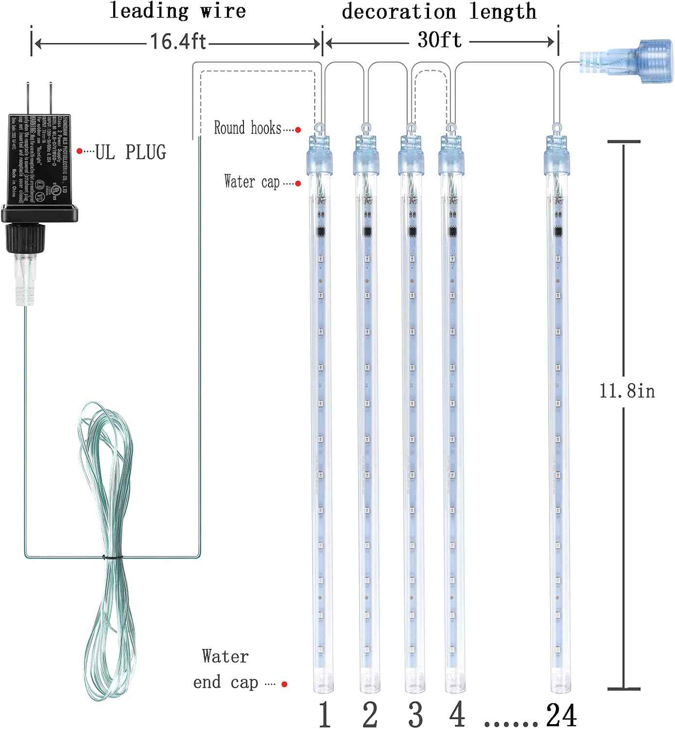 Christmas Lights Outdoor, 24 Tubes Meteor Shower Lights for Xmas Decoration | Equal to 3 Sets of 8-Tubes, Waterproof Snow Falling Icicle Lights for Xmas Yard Tree Party Window House, UL Plug, White