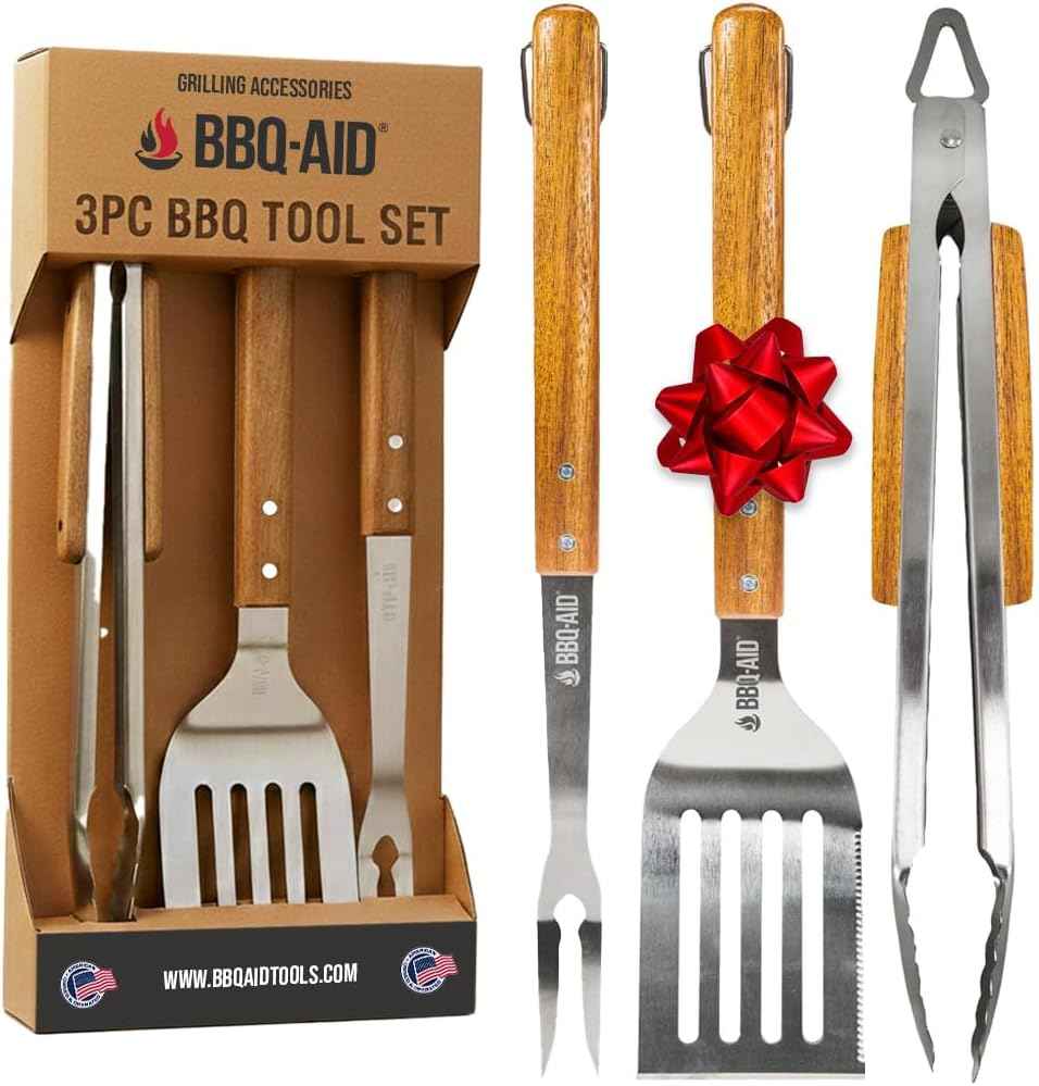 3 piece BBQ Grilling Accessories Set - BBQ Tongs Spatula Fork Set - Heavy Duty Stainless Steel Barbecue Grill Tools with Solid Hard Wood Handles Great Gift Set