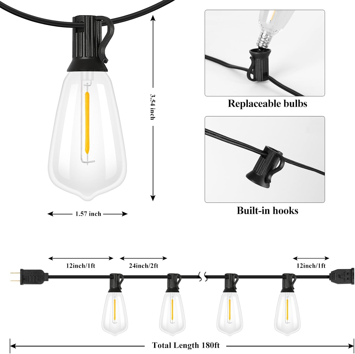 Brightever 180FT Outdoor String Lights 94 Bulbs, Waterproof Patio Lights | 4 Spare ST38 Edison Bulbs Dimmable, Connectable Plug-in LED Outdoor Lighting for Porch, Garden, Backyard, Balcony, 2700K