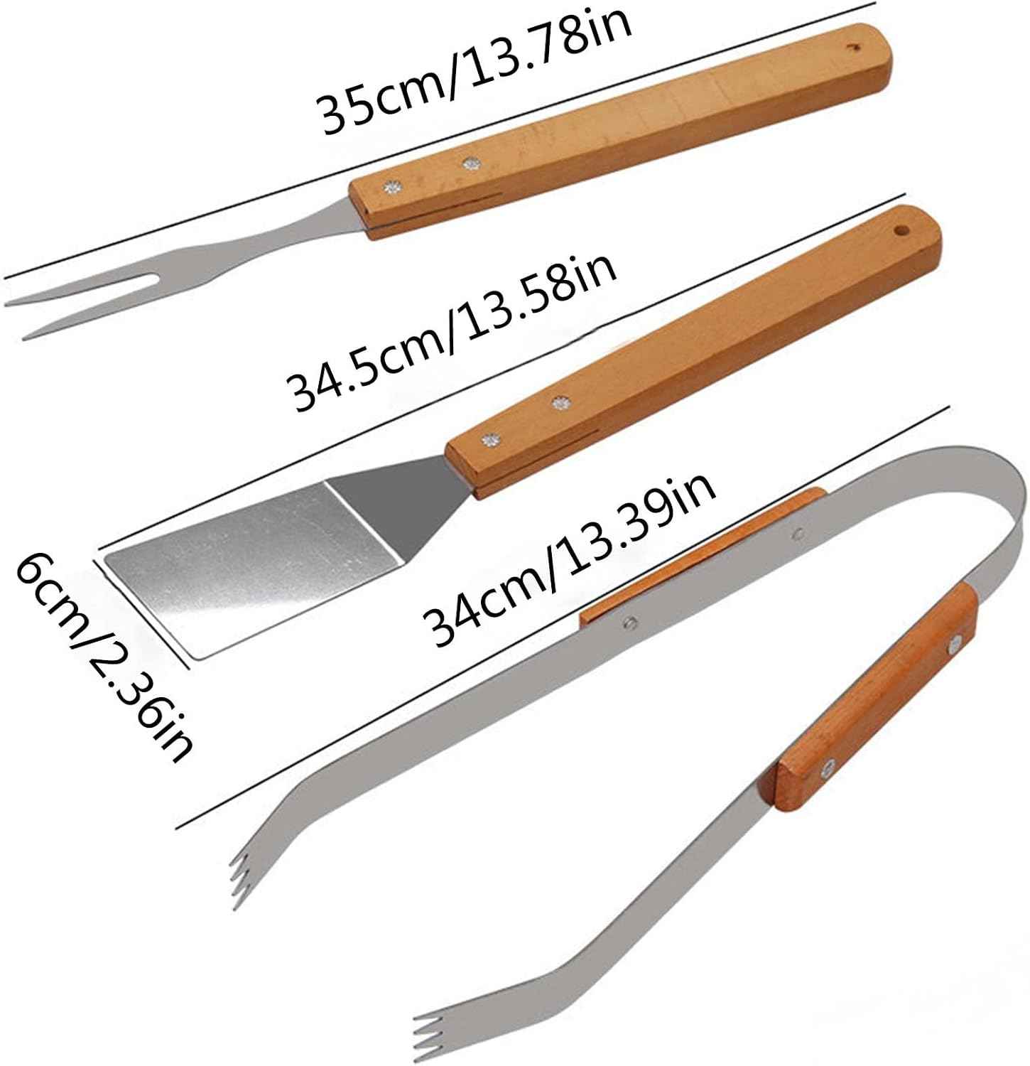 3 Piece Grill Set BBQ Accessories - BBQ Grilling Tools Set Kitchen Tongs, Metal Spatula & Fork Utensils - Stainless Steel Barbecue Grill Utensils for Outdoor Grill with Wood Handles (Khaki, One Size)
