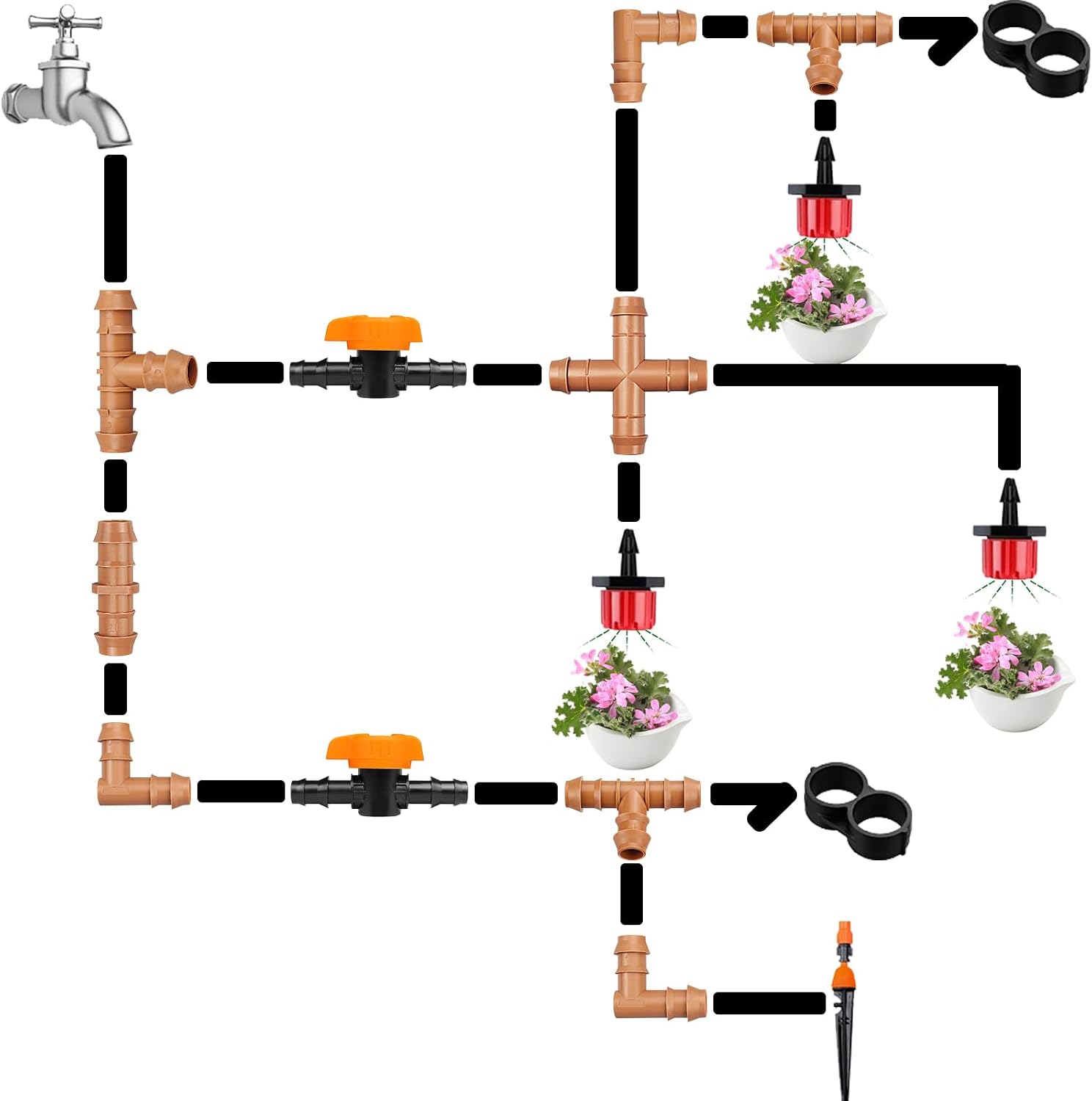 Drip Irrigation Fittings Kit for 1/2" Tubing, 37 Pieces 1/2 Inch Drip Line Connectors for Drip Sprinkler Systems - 14 Couplings, 8 Tees, 6 End Caps, 5 Elbows, 2 cross connectors and 2 drip valves