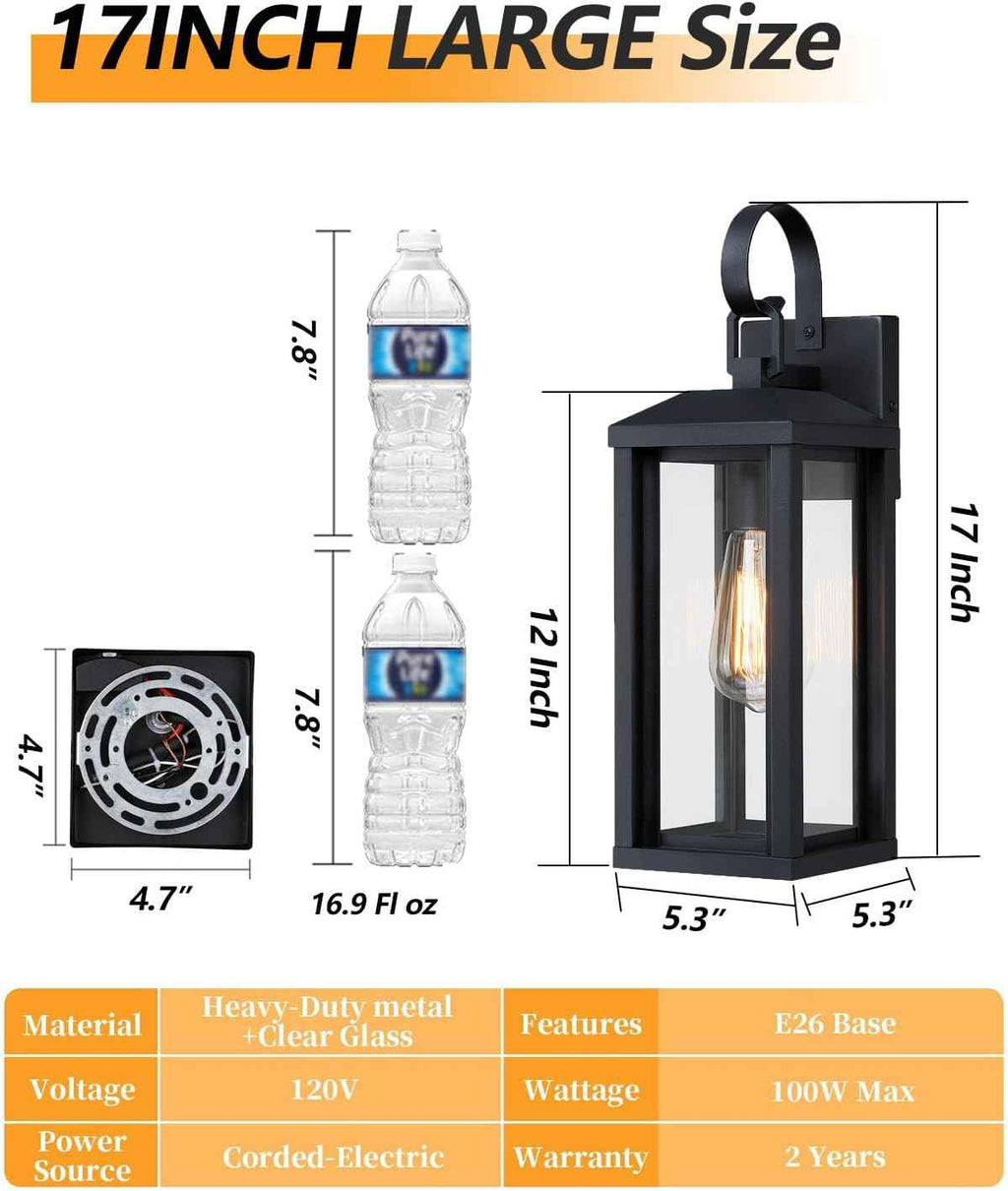 17" Large Outdoor Wall Light Fixtures 2-Pack, Matte Black | Anti-Rust Waterproof, Tempered Glass, Modern Farmhouse, Porch Lights Outdoor Sconces Exterior Lighting for Garage House