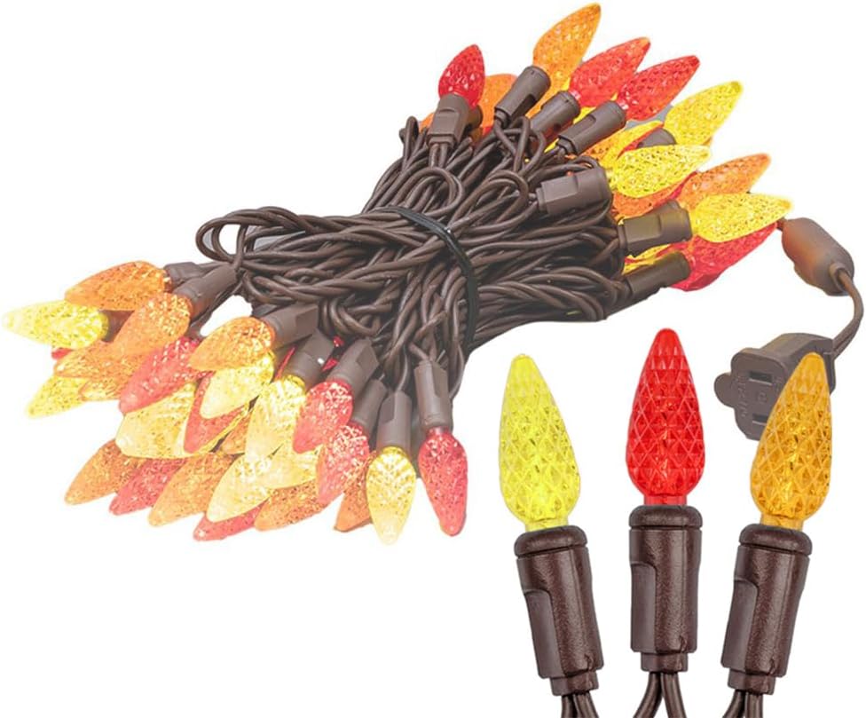 Novelty Lights 24FT 70 LED C6 Thanksgiving & Outdoor Christmas Tree Lights | Commercial Grade LED String Lights, Permanent Christmas Lights, Outdoor Tree Decorations, Yellow, Red & Orange Lights