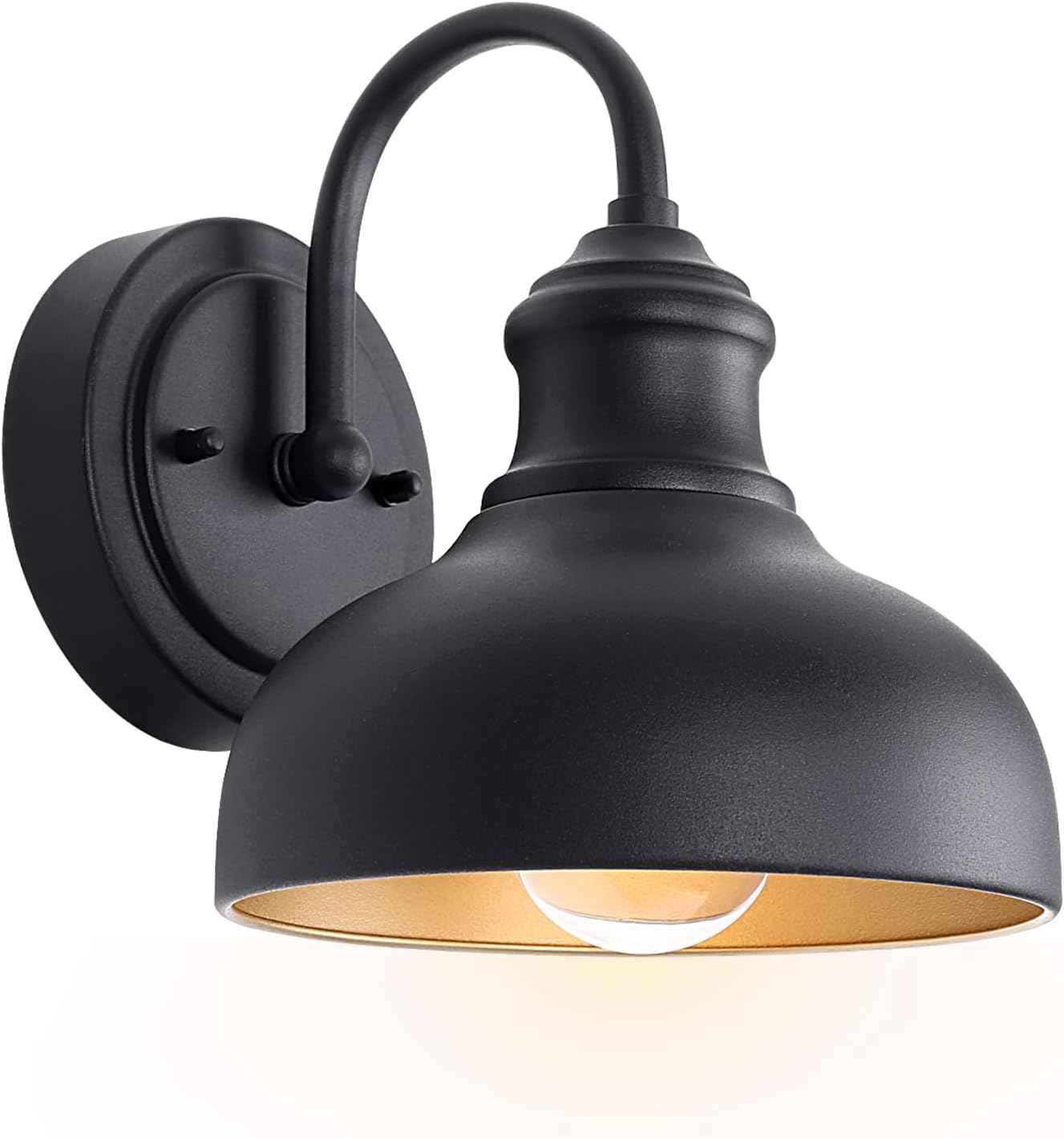 Black Outdoor Gooseneck Lighting for Barn 7 Inch Farmhouse Exterior Light Fixtures with Wall Mount, Small Porch Light with Brass Interior, Outside Gooseneck Wall Sconce for House Garage Patio