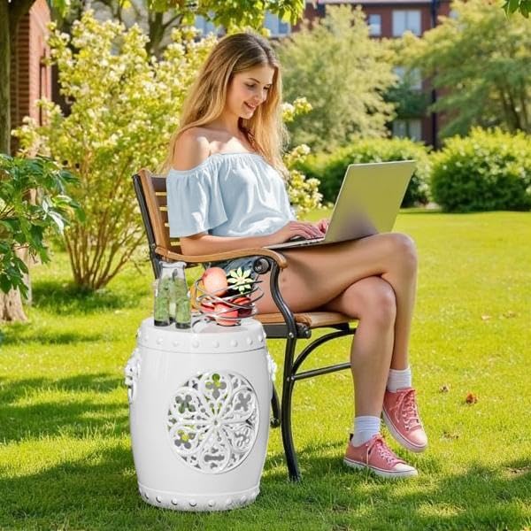 Decorative Stool Outdoor,Antique Classic Ceramic-Like Appearance, Waterproof UV Resistant Lightweight Sturdy Easy to Assemble & Clean Inside Outside Use (White)