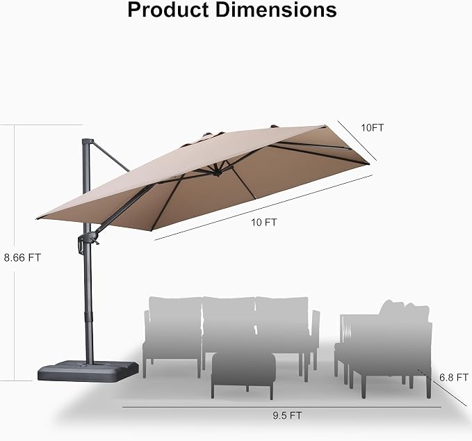 PURPLE LEAF Patio Umbrella 10' X 10' Rectangle Cantilever Umbrella Large - Image 9