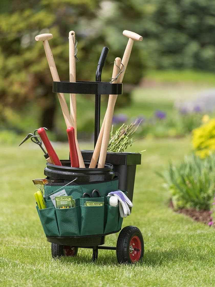 Gardener's Supply Company Heavy Duty Mobile Tool Storage Caddy | All in One Easy-Roll Garden Utility Cart Carrier, Includes 5-gallon Bucket, Fabric Organizer with Multiple Pockets