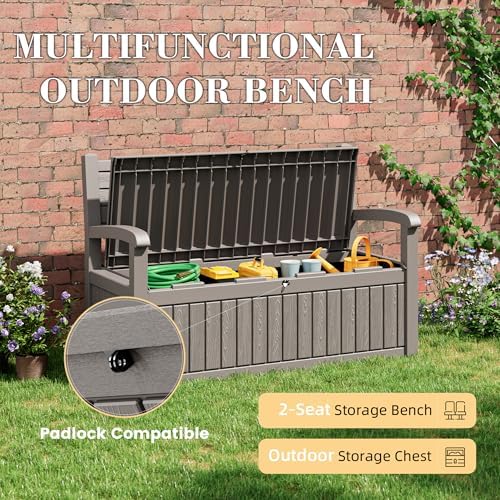 80 Gallon Lockable Deck Bench with Storage, Resin Stripes Outdoor Storage Box, Waterproof Outdoor Porch Bench for Patio Pool and Cushions Garden Tools, Grey