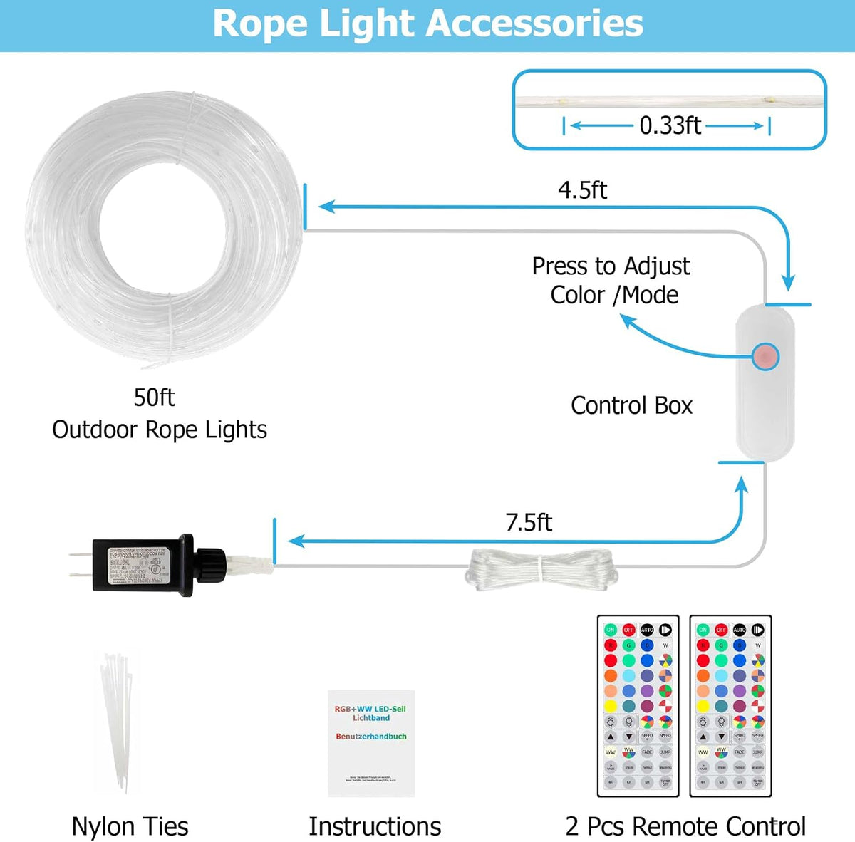 50ft LED Rope Lights for Outside, 25 Colors IP68 Waterproof, Dimmable Warm White RGB Outdoor String Lights with 4 Brightness, Red White Blue for Patriotic Decorations, Fairy Lights for Indoor Bedroom