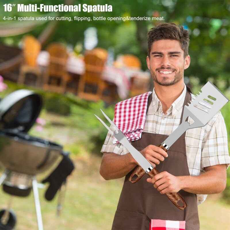 RINPIR 31pcs BBQ Grill Accessories Gifts for Men Dad, Heavy Duty Grilling Tools Gift Set for Father‘s Day, Stainless Steel BBQ Utensils Kit with Mats, Grill Brush in Carrying Bag Brown