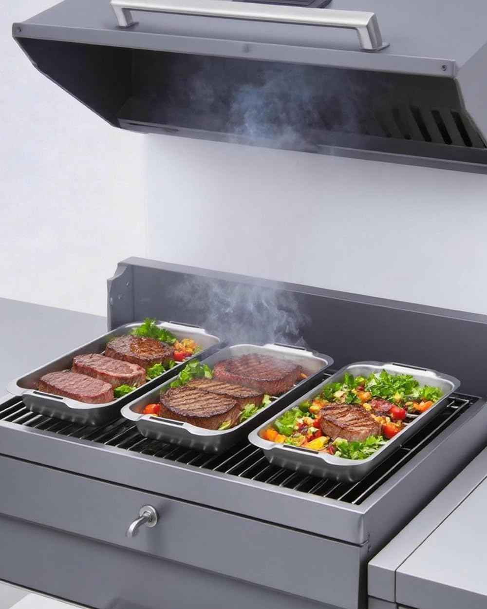 VIKEYHOME Grill Carry System, 6-Piece Stainless Steel Large Food Prep Tray, 16.5" x 11" Pan, Outdoor Grill with Cooling Rack for Vegetables, Fish, Meat, Great Grilling Gifts for Men | 16.5" x 11" Pan, Outdoor Grill with Cooling Rack for Vegetables, Fis...