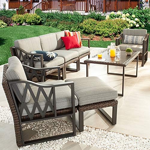Patio Ottoman Outdoor Cushioned Wicker Foot Stool with All Weather Galvanized Steel (Grey, 23.6" W x 23.6" D x 13.7" H)
